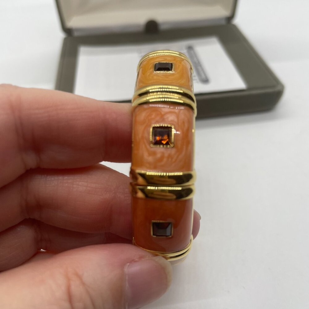 Nolan Miller Orange/ Peach Enamel Hinged Bangle Bracelet w brown inlaid crystals - Picture 4 of 8